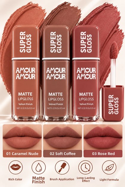 Amour Super Gloss 3-Piece Matte Liquid Lipstick Set (B Series)- Velvety Finish Intense Color Brush Applicator Nude
