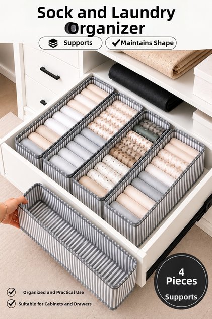 4 Pieces Sock and Laundry Organizer Drawer and Closet Organizer, Shelf Organizer, Foldable