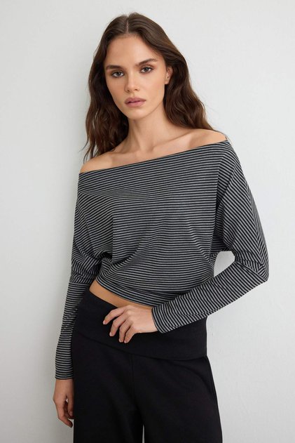 Antrasit Çizgili Asimetrik Yaka Fitted/Vücuda Oturan Örme T-Shirt TWOAW27TS00134