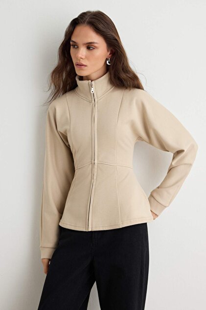 Taş Soft/Yumuşak Dokunuşlu İçi Polarlı Fermuarlı Peplum Örme Hırka/Sweatshirt TWOAW27SW00136