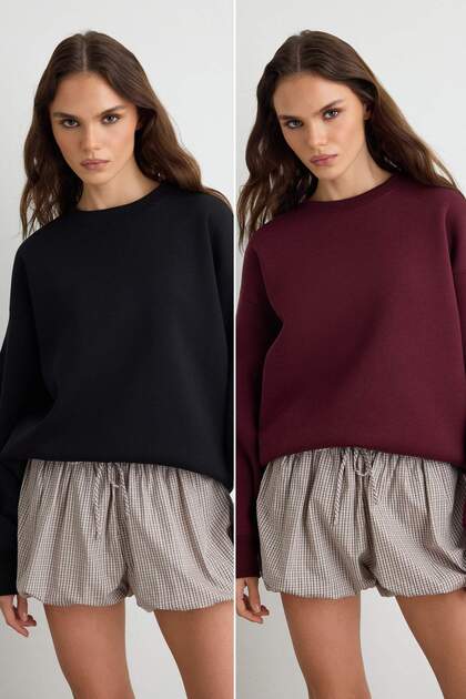 Black-Burgundy 2-Pack Oversize Cut Basic Thick/Fleece-Lined Knitted Sweatshirt Twoaw24Sw00102