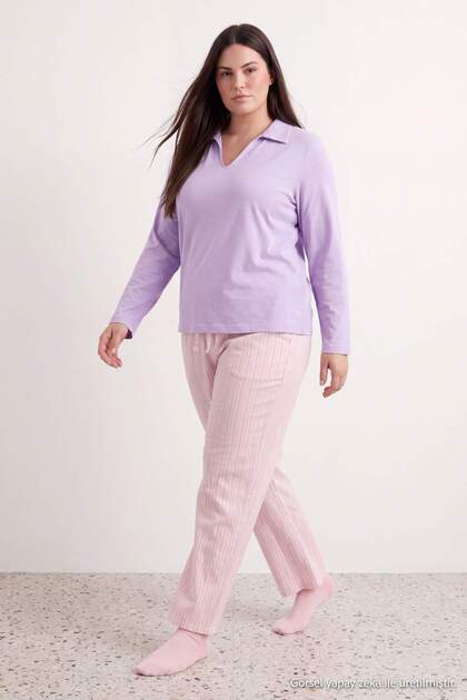 Lilac Striped Polo Collar Knitted Large Size Pajama Set Tbbaw27Ai00061