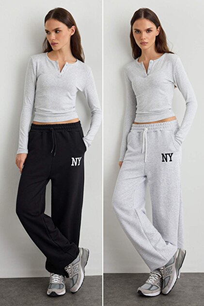 Black-Grey Melange 2-Pack New York Embroidered Wide Leg Knitted Sweatpants Twoaw27Ea00037