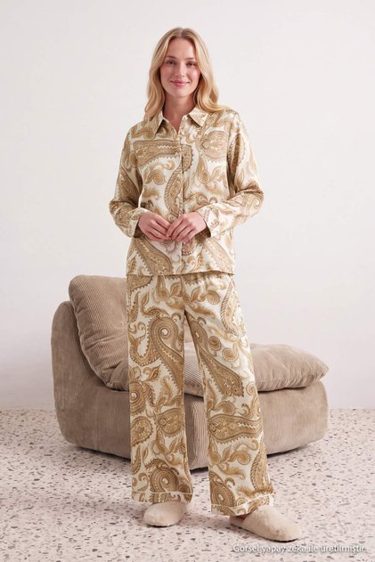 Ekru Etnik Desenli Viskon Dokuma Pijama Takımı THMAW27PT00252