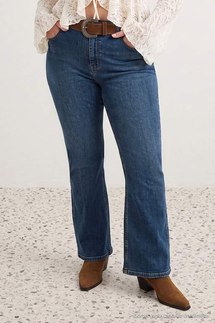 Blue High Waist Pockets Embroidery and Trocley Flare Spanish Leg Denim Plus Size Jeans Tbbaw27Cj00040