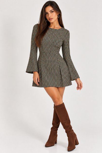 Women's Patterned Mini Dress Spanish Sleeve Crew Neck Flared Skirt Long Sleeve Dress