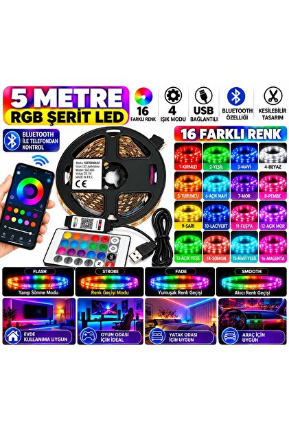 5 METRE USB KUMANDALI RGB TELEFON KONTROLLÜ MUTFAK DOLABI TV ARKASI ANİMASYONLU ŞERİT LED PARTİ