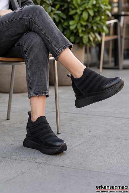 Margaret Black Stretch Stone Hidden Wedge Heeled Casual Shoes