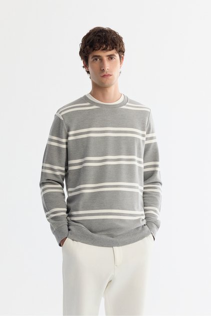 Men's Gray Crew Neck Striped Elastane Regular Fit Sweatshirt A42Y1292