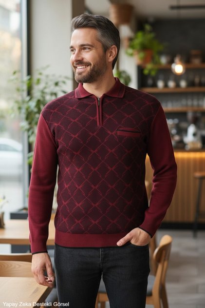 Men's Burgundy Anti-Pilling Polo Collar Fabric Half Zipper Pocket Thick Knit Patterned Knitwear Winter Sweater Long Sleeve Top Clothes Outfit Old Money Regular Fit