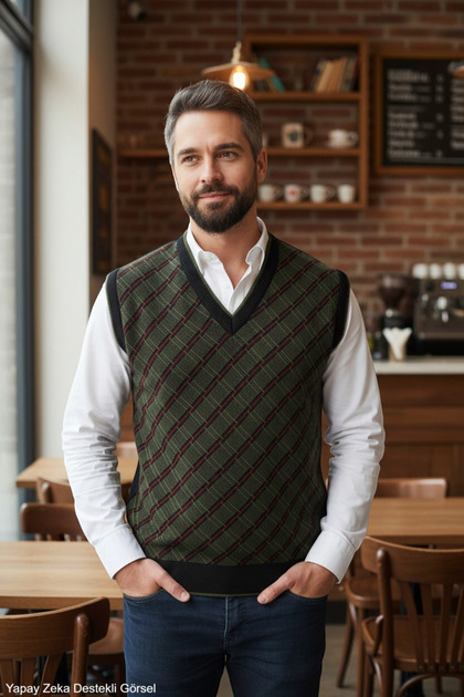 Men's Black Anti-Pilling Fabric Standard Fit Regular Cut V-Neck Knitwear Sweater