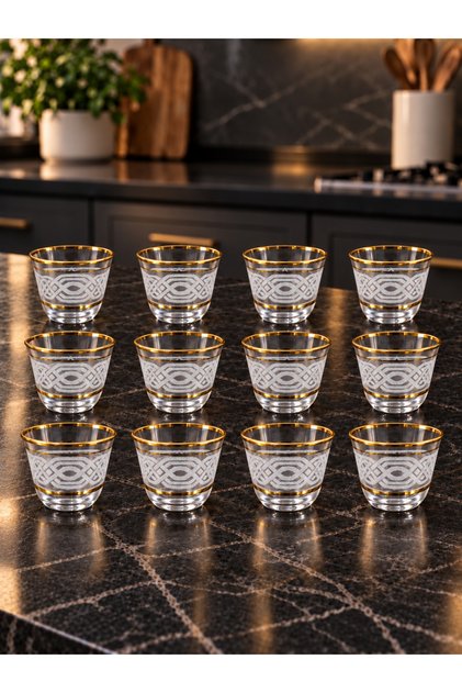 12 Piece Glass Arabic Coffe Set-Gold-White Print