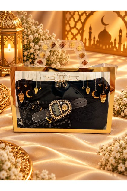 1 Ramadan-Themed Bag Contains a Fringed Cover, Prayer Beads, and a Stone Zikirmatik Set.