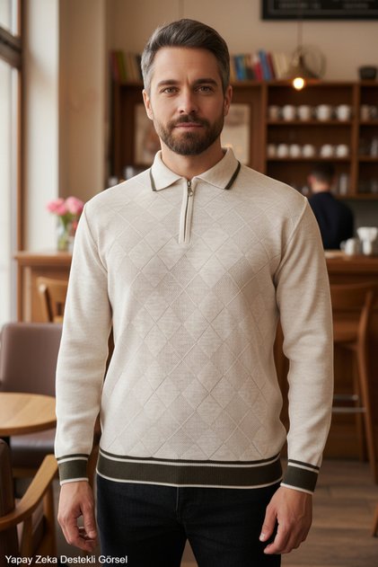 Cream Men's Steel Knit Front Textured Shirt Collar Zippered Polo Collar Non-Pilling Knitwear Winter Sweater