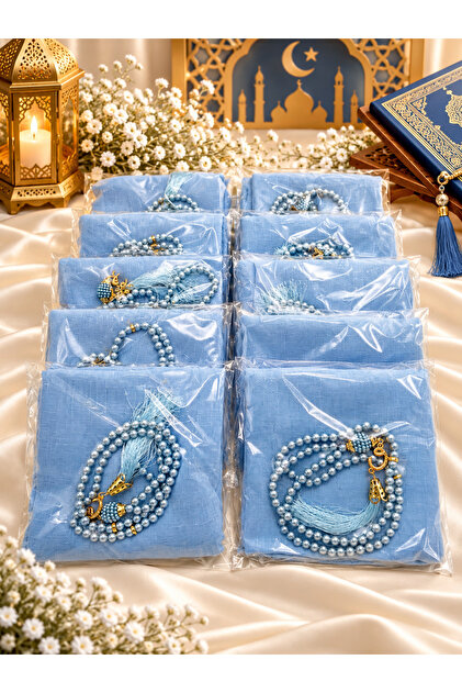 10 Pieces Blue Flared Scarf and Prayer Beads Set Hajj Umrah Mevlid Gift