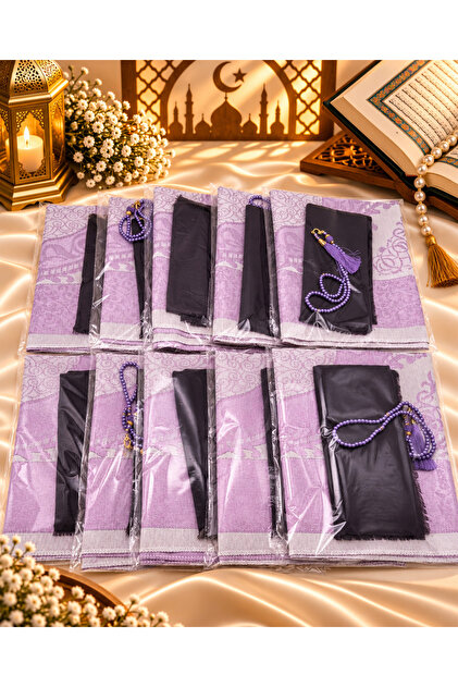 10 Pieces Purple Prayer Rug, Flared Scarf and Prayer Beads Set, Hajj Umrah Mawlid Gift