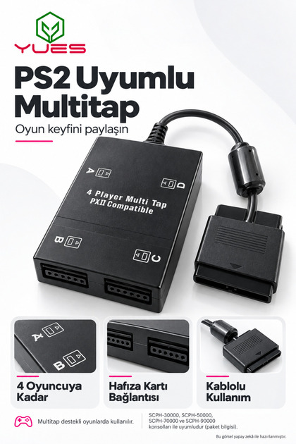 PS2 Uyumlu Multitap 4 Oyunculu Oyun Kolu ve Hafıza Kartı Çoklayıcı Adaptör Siyah