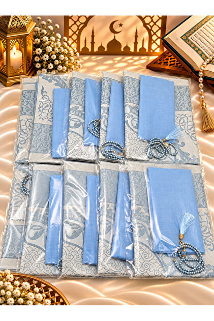 10 Pieces Blue Prayer Rug, Flared Scarf and Prayer Beads Set, Hajj Umrah Mawlid Gift