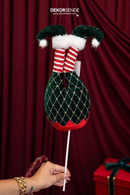 Christmas Ornament Elf Leg with Velvet and Patterned Stick Green 54 cm