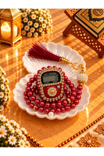Special Burgundy Zikirmatik and Prayer Beads Set with Oyster Box Gift Mevlüt Quran Umrah and Hajj Gift