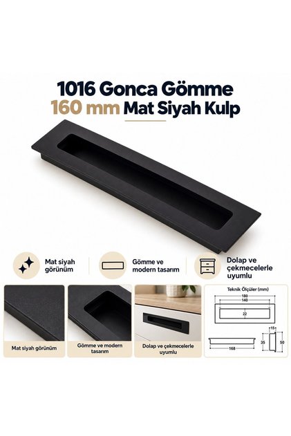 Gonca 1016 Gömme Kulp 160 mm Mat Siyah Modern Dolap ve Çekmece Kulpu