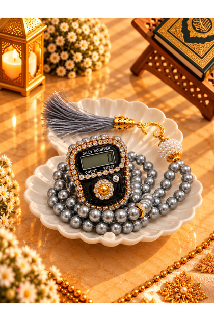 Special Gray Zikirmatik and Prayer Beads Set with Oyster Box Gift Mevlüt Quran Umrah and Hajj Gift
