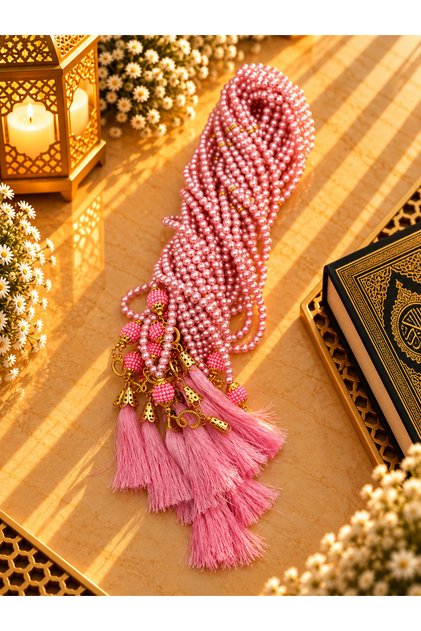 10 Adet Hediyelik Vavlı Püsküllü Pembe Plastik Inci 99'lu Namaz Tesbihi ( Mevlit-sünnet-hac-umre)