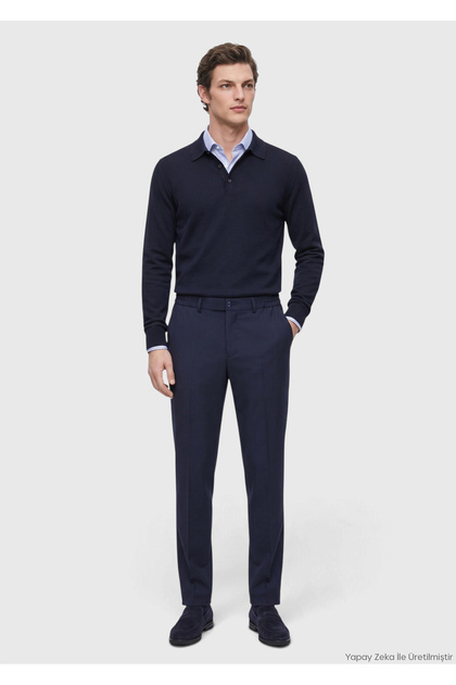Navy Blue Fabric Comfort Fit Classic 100% Wool Trousers
