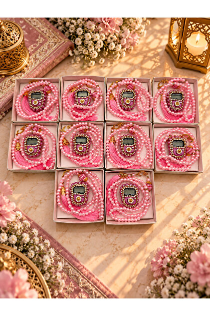 10 Pieces Mevlid-hajj-umrah Gift Pink Stone Zikirmatik and Tasbih Set Boxed