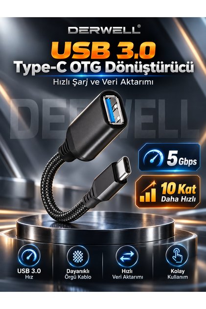 Yüksek Hızlı Veri Aktarma Usb 3.0 Otg To Type-C Data Şarj Çevirici Dönüştürücü Hasır Kablo Siyah