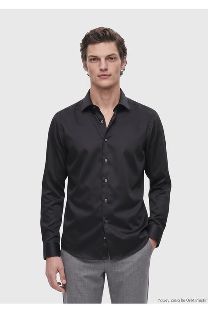 Siyah Regular Fit Uzun Dokuma Klasik %100 Pamuk Gömlek