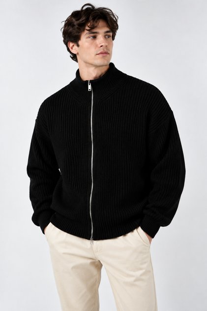 Zippered Black Premium Thessaloniki Knit Oversize Cardigan