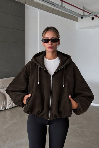Olivia ZR Model Kapüşonlu Oversize Bomber Kadın Acı Kahve Süet Deri Ceket