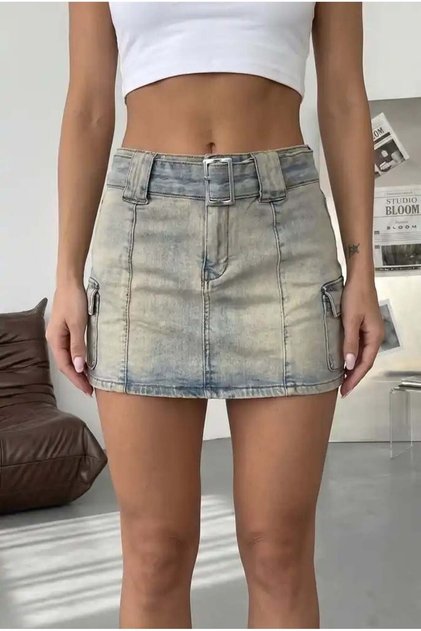 High Waist Mini Denim Skirt Distressed Blue Washed Jean Skirt with Pocket Detail