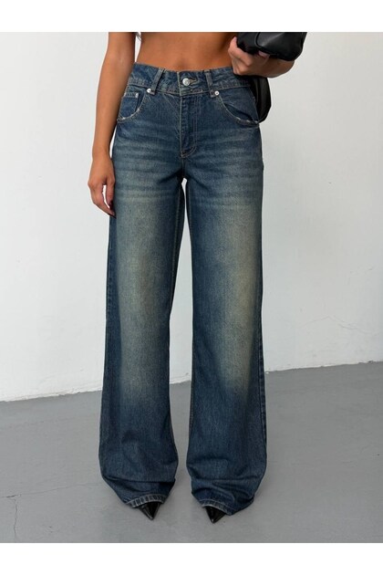 Women's High Waist Wide Leg Vintage Washed Loose Fit Jean Trousers