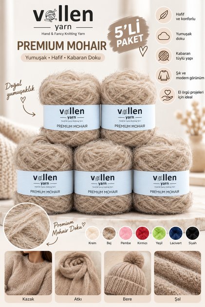 5 ADET Premium Mohair Örgü İpi 100 gr 250 m – Yumuşak Hafif Dolgun Doku| Şal Hırka Kazak Atkı İpi