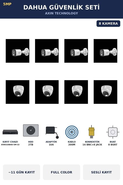 8 Kameralı 5MP Güvenlik Kamera Seti 5MP Full Color Sesli Dome+Bullet 2TB ~11 Gün Kayıt