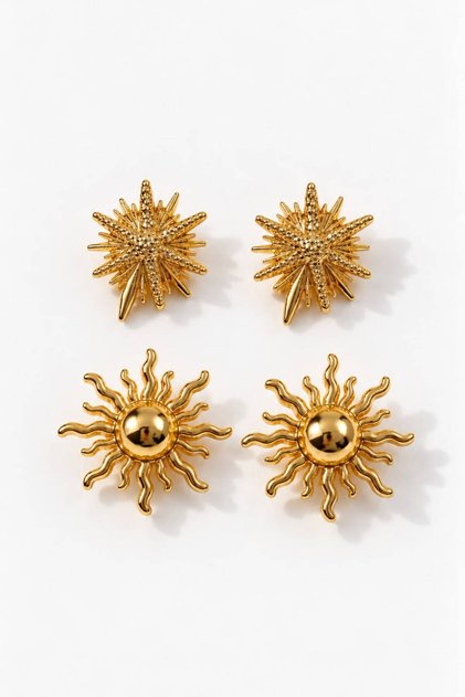 Gold Plated Sun and Polar Star Figured Earrings Set of 2