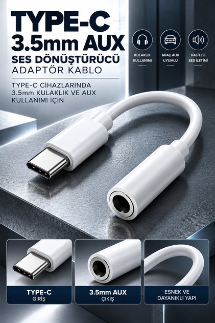 Type-C 3.5mm Jack Aux Ses Adaptör Kablosu / Samsung / Redmi Note / Huawei / Kulaklık Dönüştürücü Kablo Aparatı