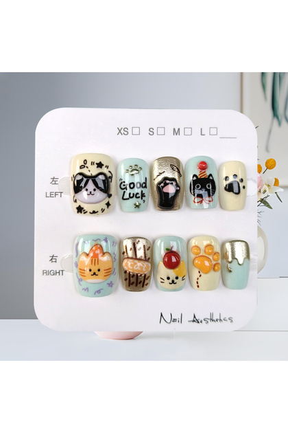 Style 1-M 10 Pcs Cute Cat 3D Funny Cartoon Cat and Brown Tones Lovely Rabbit Press on Nails Girls We