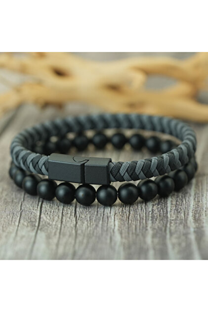 GreyBlack Fashion 2Pcs/set Leather Rope Beaded Bracelet Men Handmade Braided Magnetic Clasp Braslet