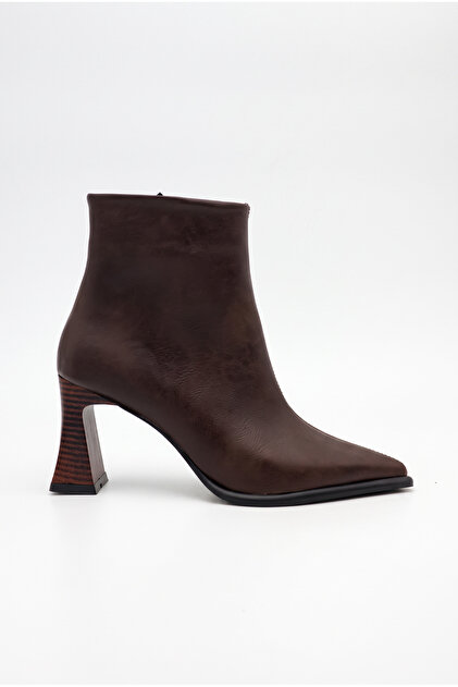 Women's Thick Heeled Pointed Toe Casual Brown Boots with Sewing Detail