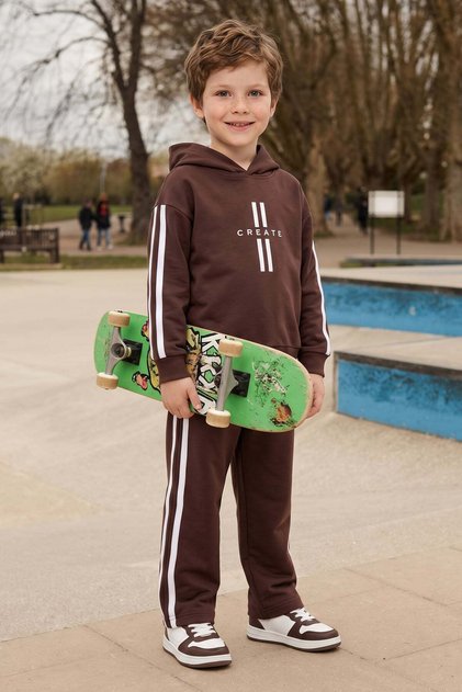 Striped Embossed Printed Hooded Boys' 2-Piece Set
