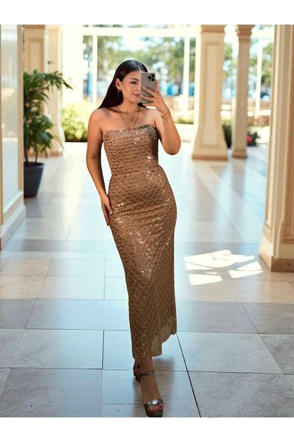 LAVES Full Payet Boncuklu Rose Gold Abiye Elbise