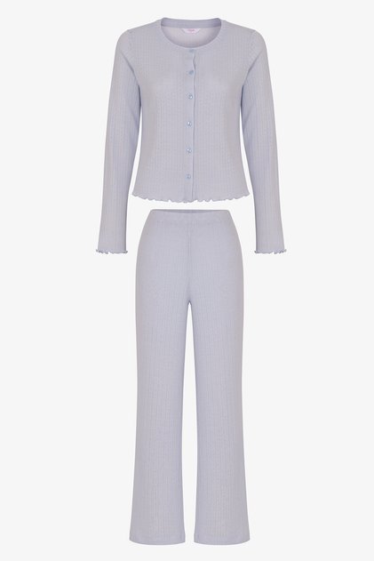 Blue Sky Openwork Patterned Long Sleeve Trousers Pajama Set