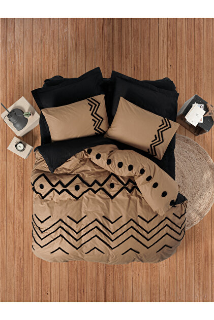Puff Embroidered Double Duvet Cover Set Elio Copper-Black