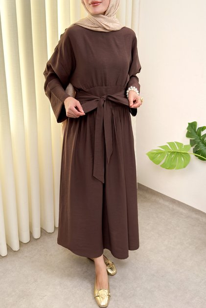 High Waist Belted Long Dress 0048 - Brown