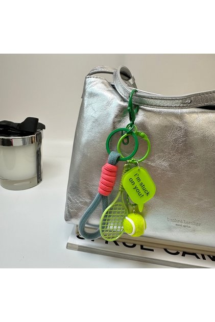 green Printed Acrylic Hanger Mesh Rope Keychain Alloy Tennis Racket Tennis Bag Hanger Pendant For Mo
