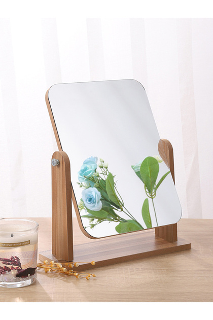 Dresser Vanity Makeup Mirror with Wood Stand, 360 Degree Rotating Compact Cosmetic Mirror, Portable