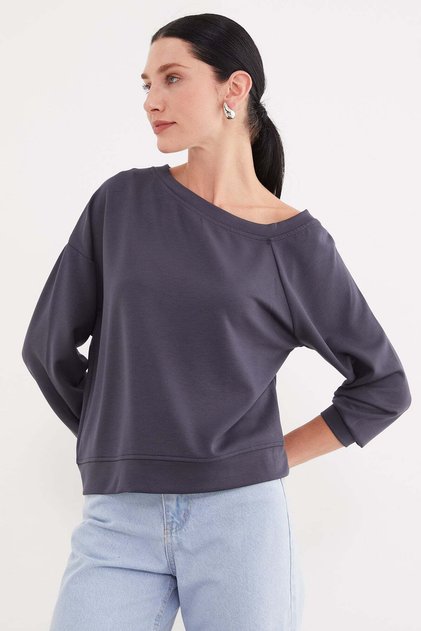 Basic Boat Neck Bat Sleeve Modal Blouse